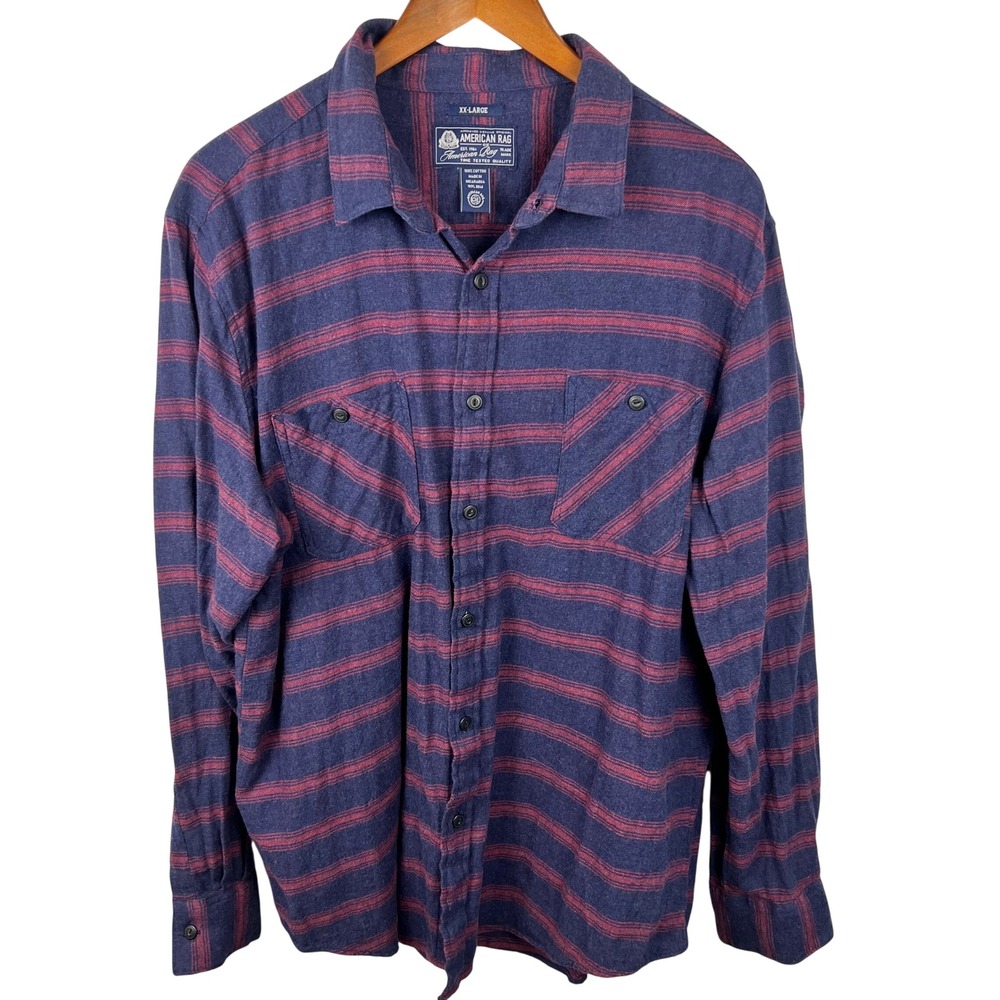 American Rag Mens XXL Navy Blue Striped Long Sleeve Flannel Shirt Y2K Cabincore